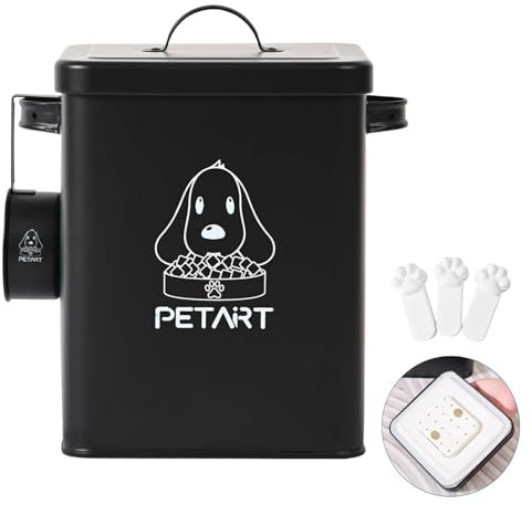 PETART Dog Food Storage Container, Metal Pet Food Storage Containers,Cat Food Storage Container with Spoon & Cute Desiccant,Matte black