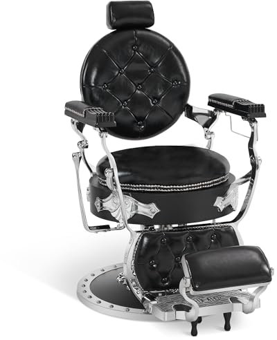 Barberpub Friseurstuhl mit Kopfstütze Kippbar, Barber Stuhl Retro Vintage, 360° Drehbar & Höhenverstellbar, Friseureinrichtung Hydraulisch, Kunstleder, 8688(Silber-Schwarz)