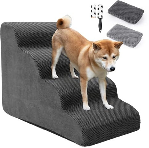 FuzzFables Hundetreppe 4-Stufen, Haustiertreppe für Kleine Haustiere zu Hochbeeten, 30D Schwamm Welpentreppe, Austauschbare rutschfeste Stoffabdeckung,Freundlich zu Kätzchen und Welpen 72x40x53 cm