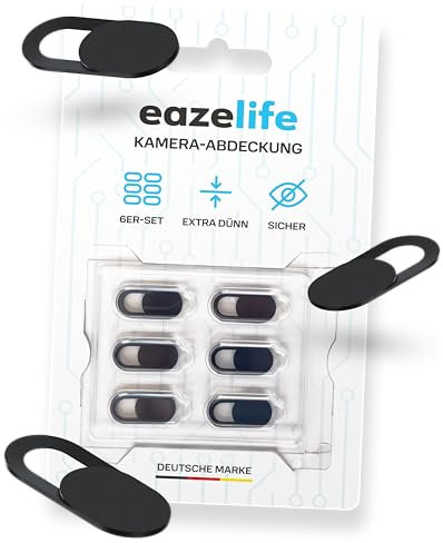 Eaze Life Webcam Abdeckung | 0.75mm extra dünn | selbstklebend | Slider Kamera Abdeckung | Privatsphärenschutz für Computer, Laptop, Tablet, Smartphone | 720p HD | Schwarz 6er Set