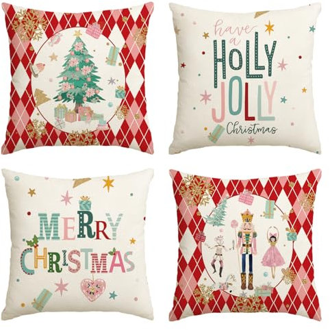 Artoid Mode Rot Diamant Plaid Nussknacker Baum Frohe Weihnachten Kissenbezüge 4er Set, 40x40 cm Christmas Zierkissenbezug Cushion Cover Couch Deko