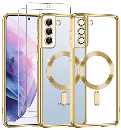 Phoona Coque Magnétique pour Samsung S21 5G avec 2 Pièces Verre Trempé, Compatible avec MagSafe, Résistante aux Rayures, Résistante aux Chocs, Mince et Transparente, Or