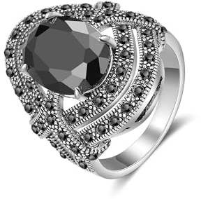 dnswez Schwarze Ringe für Damen, Vintage-Stil, breiter Ring, schwarzer Onyx-Ring, trendiger Cocktail-Ring, Kristall, Retro-Markasit-Schmuck, Kupfer, Onyx