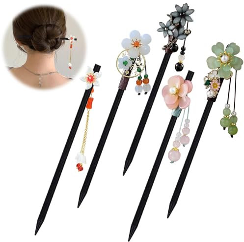 FloralGrace Lot de 5 baguettes à cheveux en bois vintage - Baguettes chinoises - Épingles à cheveux avec fleurs - Pour femmes et filles - Accessoire de coiffure fixe
