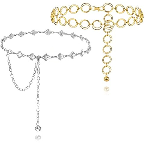 JSTHHTT 2pcs Cinturón de Cadena para Mujer, Cinturón de Cadena de Diamantes de Imitación, Cinturón de Cadena Con Junta Tórica, Cinturón Ajustable, para Jeans de Vestir