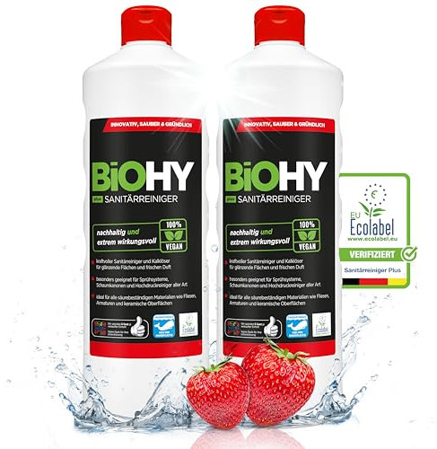 BiOHY Detergente per bagno Plus (2 bottiglie da 1l) | Concentrato decalcificante per ambienti sanitari | profumo gradevole e fresco | EXTRA FORTE | profumo di fragola fresca (Sanitärreiniger Plus)