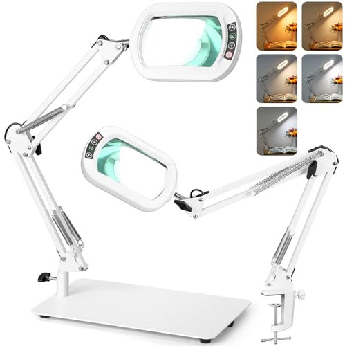 Veemagni 10X Rectangle Lupe mit Licht und Ständer, 5 Farbmodi stufenlos dimmbar, 2-in-1 LED beleuchtete Schreibtischlampe & Klemme, Hände frei Leselupe für das Lesen Handwerk Reparatur Malerei- Weiß