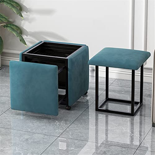 Tabouret 5 en 1 empilable avec roulettes et repose-pieds en daim respirant Bleu Cube Ottoman