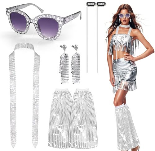 8 Stück 60er 70er Jahre Glitzer Accessoires Disco Accessoires Damen mit Schal,Sonnenbrillen,Ohrringe,Quasten-Haarnadeln,Glitzer Stulpen,Disco Outfit Damen Accessoires für Fasching Party Karneval