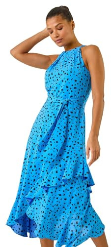 Roman Originals Women Halter Neck Frill Midi Dress - Ladies Special Occasion Evening Party Wedding Guest Print Ruffle Detail Sleeveless Round Neck Dresses - Spot Blue - Size 18