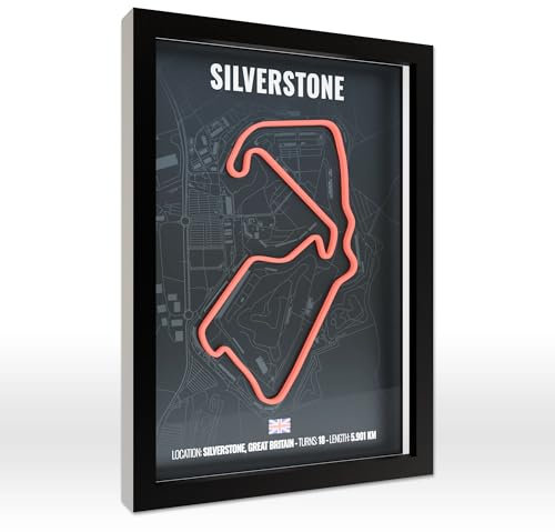 Silverstone Circuit 3D Poster im Holzrahmen I Hochwertiger 3D Druck I Echtglas | Racetrack I Rennstrecken Poster I Geschenk für Mann oder MotoGP fans zu Weihnachten, Geburtstag I Geschenkidee