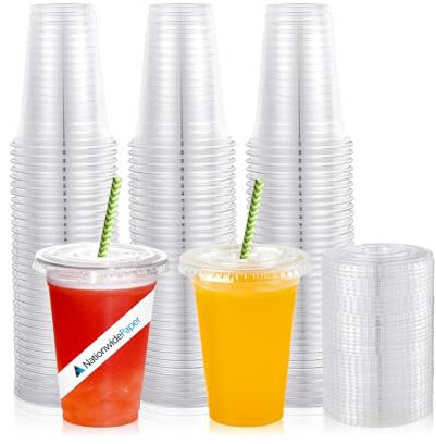 Nationwide Paper Lot de 500 gobelets à smoothie transparents avec couvercles plats, parfaits pour café glacé, milkshake, slurpee, crème glacée, razzle, slush, smoothie