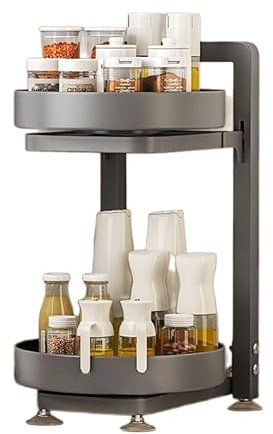 Awoyep Gewürzregal Drehbar Organizer Kühlschrank Gewürzständer: 360° Drehteller Organizer 2 Etagen Drehbares Küchenregal Höhen Verstellbares Küche Rotierendes Gewürzregal Badezimmer (Grau, 2 Tier)