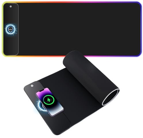 Mapille Alfombrillas de Ratón Grande, Alfombrilla Ratón Gaming RGB con 15W Carga Inalámbrica, 800x300 MM, 10 Modos Iluminación LED, Alfombrilla Gaming para Gamers, PC y Portátil, Negro