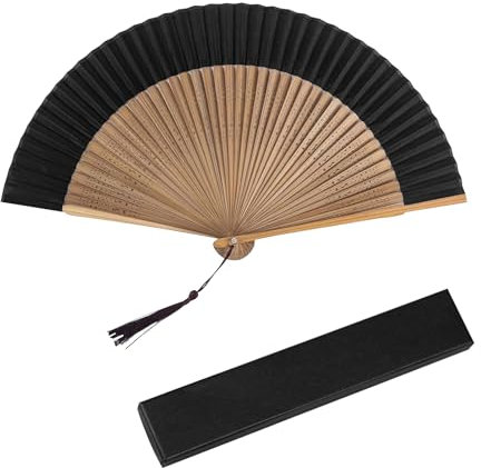Dcsfadq Handfächer aus Holz Schwarz, Chinesische Japanischer Deko Faltfächer für Damen mit Geschenkbox, Bambus Fächer für Hochzeit, Tanz, Party, Leistung