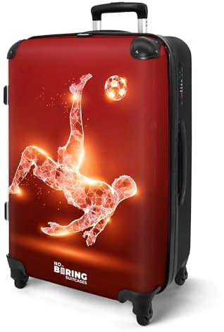 NoBoringSuitcases.com® Koffer Kinder Groß 67x43x25 cm Reisekoffer Kinderkoffer 4 Rollen Leicht Kindertrolley Mittelgroß Reise Hartschalenkoffer Fußball - Rot - Omhaal - Neon