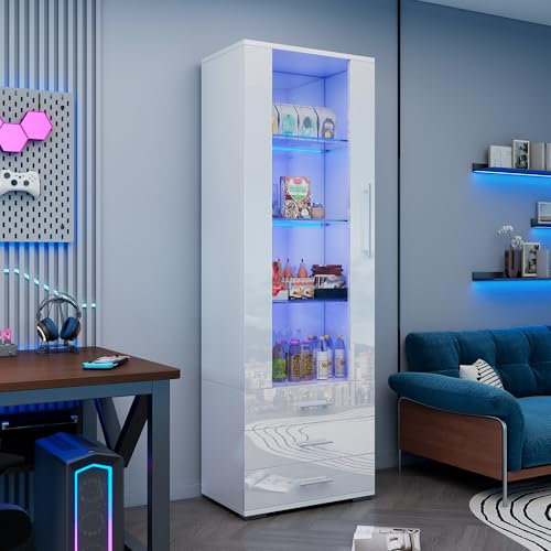 Merax Vitrine en verre avec éclairage LED blanc brillant avec portes et 3 tiroirs, armoire haute de 180 cm, armoire de cuisine, armoire polyvalente pour salon, chambre à coucher, bureau
