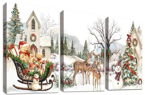 3Pcs Weihnachtsbaum Rentier Leinwand Bilder Set Mit Rahmen Schneemann Schlitten Bär Geschenke Bild auf Leinwand Malerei Wandbilder Wohnzimmer Schlafzimmer Esszimmer Feiertage Wanddeko 40x60cm x3