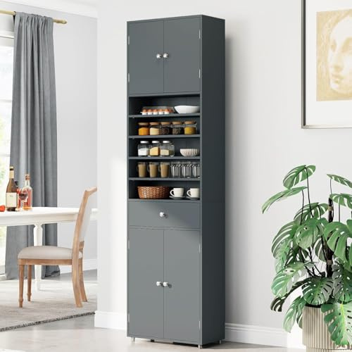 COSTWAY 180cm Tall Kitchen Cupboard, Buffet Pantry Storage Cabinet with 4 Door, Adjustable Shelves & Anti-tipping Device, Freestanding Sideboard Organizer for Home Dining Room (Grey)