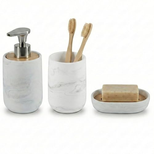 Set Bagno 3 Pezzi, Dispenser Sapone, Bicchiere e Portasapone, Serie Marmo | Resina bianca e bambù, pompa in lega di zinco, accessori completi moderni e resistenti, saponetta