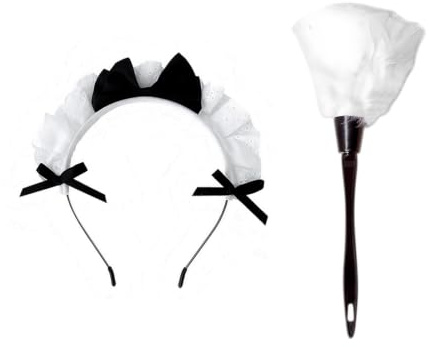 DVOFU 2 Pieces French Maid Accessory Feather Duster Feathers Cleaning Tools with Lolita Headband Ruffled Lace Maid Headband Maid Apron Fancy Dress Set for Halloween Christmas
