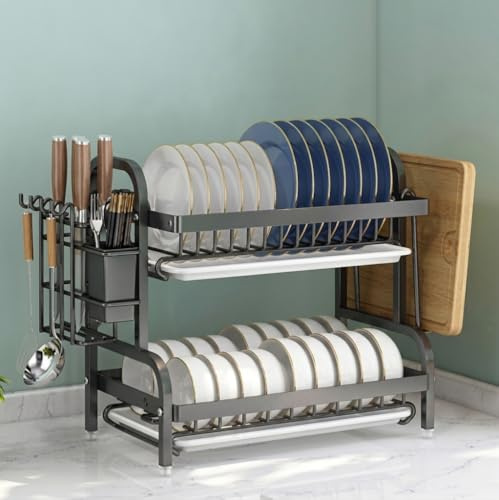 BYM Escurridor de Platos de 2 Niveles con Bandeja de Goteo, 43 cm, Organizador de Cocina Negro, Estante con Soporte para Cubiertos y Tabla de Cortar, Gran Capacidad para Fregadero