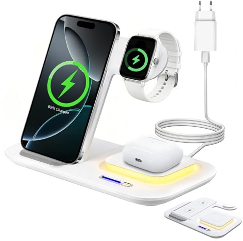 HYOJCWU 5 in 1 Caricatore Wireless Compatibile con iPhone 17/16/15/14/13/12/11/X/8 Pro Max/Plus, Apple Watch Ultra 3/11/10/9/8/7/6/SE 3, Portatile Induttiva Wireless Charger, per AirPods Pro 3 2