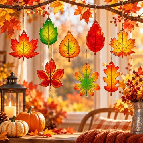 Herbstdeko Innen – 24 Holz-Blätter, Bunte Herbstdeko in 12 Designs | Holz, 24 kompakte Blätter in 12 Formen: Herbstdeko zum Aufhängen, Herbst Dekoration und Herbstdeko Fenster für Haus & Veranda