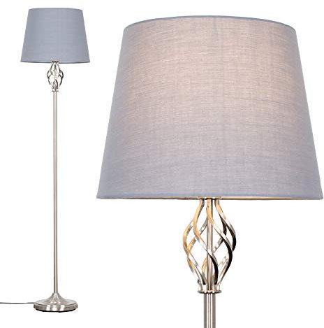 MiniSun | Traditional Style Twist Floor Lamp with a Grey Tapered Light Shade | Home Décor, Bedside & Desk Lamp
