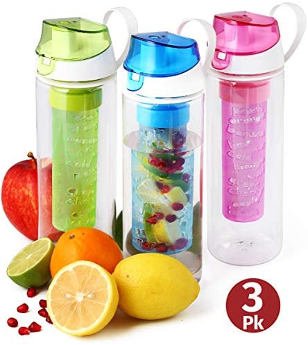 Fruit Infuser Water Bottle 3-pk 25 oz Infused Water Bottle Unique Fun and Healthy Motivational Infusion Rod Reusable Sports Infuser Bottle For Kids And Adults Multi-Color Set-BPA Free- Herevin