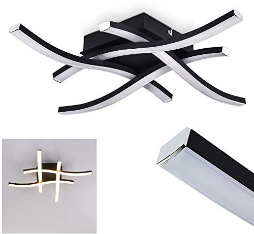 LED Deckenleuchte Letala, moderne Deckenlampe aus Metall in Schwarz in Rautenform mit geschwungenen Lichtleisten, 4-flammig, 4 x 5 Watt, 2000 Lumen, Lichtfarbe 3000 Kelvin (warmweiß)