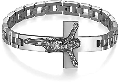 JewelryWe Schmuck Herren Armband mit Jesus Christus Kreuz Edelstahl Kruzifix Biker Link Handgelenk Armreif Armspange Silber