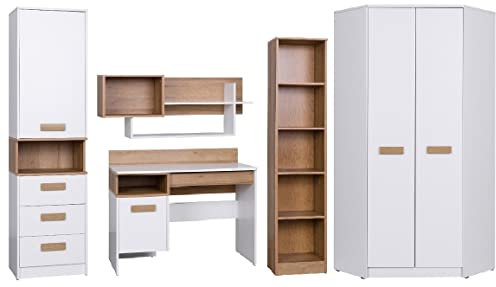 Marmex Kinderzimmer Komplettes Set Grant 5, im Set: Schreibtisch G2, Geschlossener Büchregal G6, Schmales bücherregal G7, Wandregal G3,Eckgarderobe G8 - Weiß + Riviera Eiche