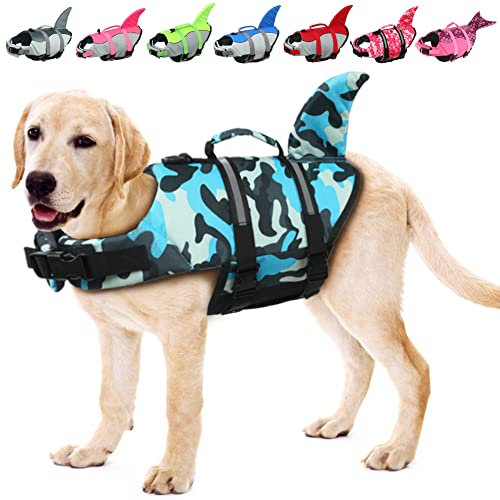 EMUST Giubbotto di salvataggio per cani, in tessuto ripstop, con maniglia di salvataggio, per cani di taglia piccola, media e grande, per piscina, spiaggia, barca (XS, blu mimetico)