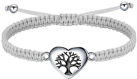 J.Endéar Lebensbaum Herzen Armband für Damen Silber 925 Geflochtene Filigrane Kordel Verstellbares Armband Frauen Mädchen Schmuck Familie Freundschaft Geschenk, Grau