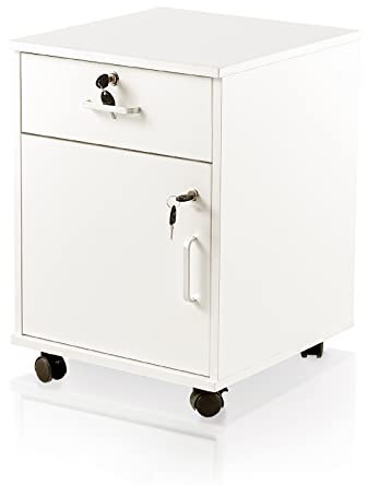 TUKAILAi Caisson de Bureau Mobile à 2 Tiroirs, Rangement Document avec roulettes Verrouillables en Bois, Petit Meuble de Rangement Mobile pour Dossiers Suspendus Format A4(Blanc)