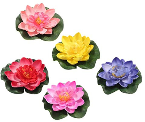 Cabilock 5 Stücke Künstliche Seerosen Lilien Lotusbl?tter Schwimmende Lotusblüten Lotusblume Kunstblumen 17cm für Teich Garten Lotus Deko Aquarium Brunnen Wasserpflanzen Gartenteich Dekoration