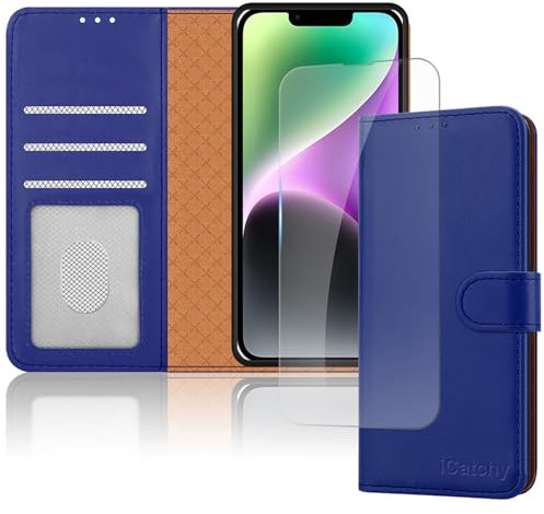 iCatchy iPhone 14 Case 6.1-Inch, Leather Wallet Book Stand view Magnetic Protect RFID Blocking Flip Cover Compatible with iPhone 14 (Blue)