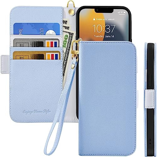 Tiyoo Flip Phone Case for iPhone 12 mini, Premium Magnetic Wallet Case for Phone Protection,Lychee Pattern PU Leather with Card Slots & Wrist Strap,Shockproof Phone Cover for iPhone 12mini, Light Blue