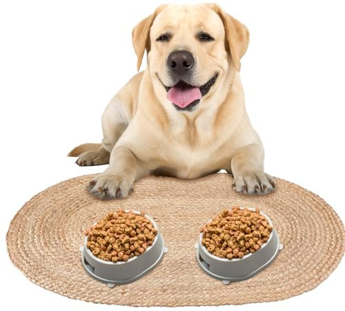 Tinideya Braided Jute Dog Bowl Mat 31 x 20 Inch Pet Food Mat Natural Cat Placemats for Food and Water Dish Dog Rug Non Toxic Feeding Mats for Pet Bowl