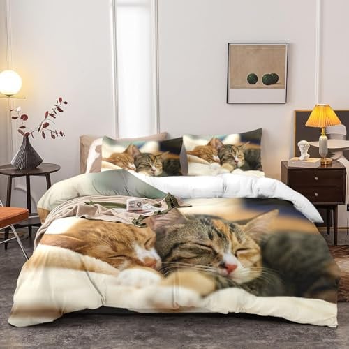Yzehomijia Betthüsse Katze 140×200 cm, Kinderbett gedruckt Katze 3D, 1 Betthüsse aus Mikrofaser Rose + 2 Kissenstücke 65×65 cm (Cat4×140)