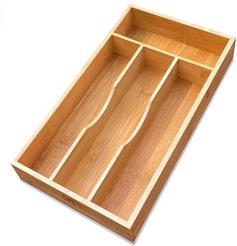 guiogc Bamboo Kitchen Drawer Silverware Organizer, 7 Inch Silverware Utensils Tray Holder for Small Drawer, Wood Caddy for Flatware Cutlery Knives 4-Slots