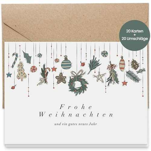 Weihnachtskarten mit Umschlägen Set, 20 Stück Weihnachtskarten, A6 Postkarten für Weihnachten, Nordische Weihnachtskarten für Familie Freunde geschäftlich Weihnacht Grußkarten Kraftpapier Umschläge