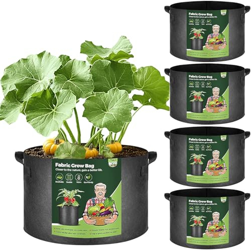 T4U 20 Gallon Plant Grow Bags with Handle Pack of 5, Large Fabric Pots Growing Bag, Heavy Duty Nonwoven Planter, Thickened Breathable Growbag for Potato Tomato Tree Strawberry Vegetables Outdoor