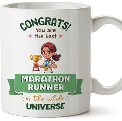 MUGFFINS Marathon Runner Woman Mug - in English - Best in Universe Trophy - Funny Gift for Colleagues - Ceramic 11oz Mug