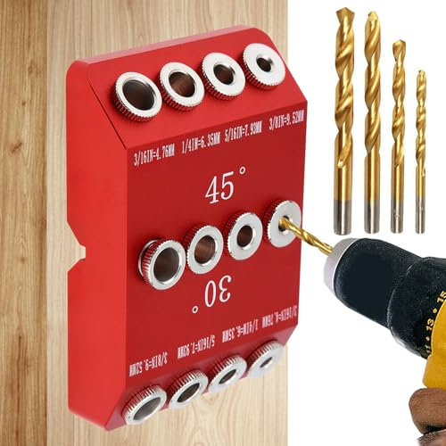 Drilling Aid Vertical Drilling, 30 45 90 Degree Angle Drilling Aid Drilling Template with 4 Sizes Drill Bushings Pocket Hole Gauge Drill Guide Drill Press Stand Woodworking Accessories