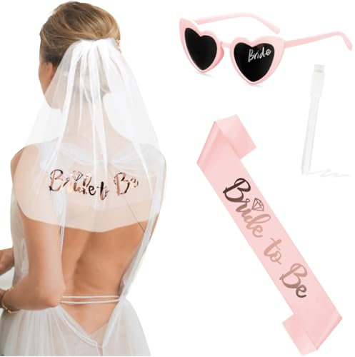 Augesak 4 Stück JGA Accessoires Frauen-Schleier Braut JGA, Bride to Be Schärpe, Herz Sonnenbrille mit Stift, JGA deko Frauen für Junggesellenabschied Brautparty und Hochzeitsfotografie