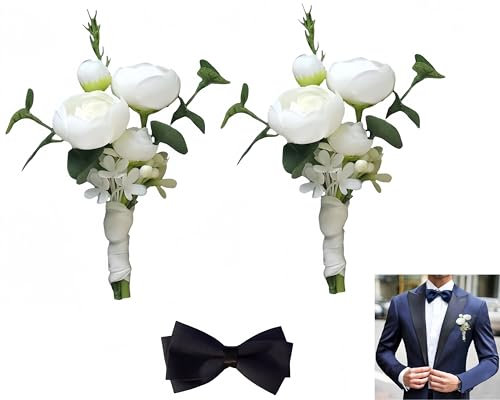 Wuyue Hua Künstliche Kamelien-Boutonniere für Herren, Knopfloch-Blumen mit Nadel und Clip, künstliche Hochzeitsblumen, Brautschmuck, Brautjungfer, weiße Ansteckblume für Hochzeit, Party, Geschenk, 1 x