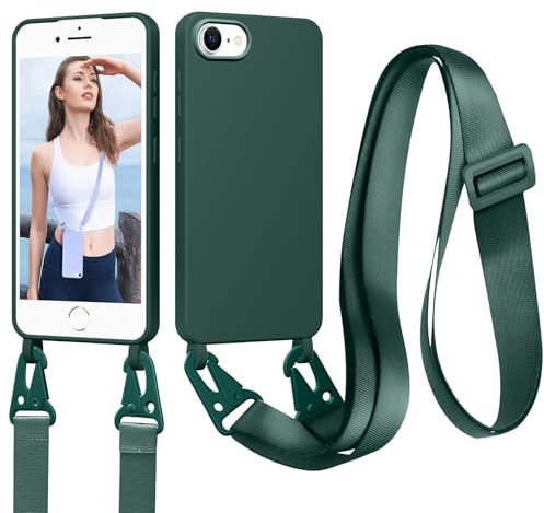 Woijrly Funda para iPhone SE 2020/SE 2022/7/8 Caso con Cordón, Ajustable Collar Cuerda, Delgado Suave Bumper TPU Silicona Líquida Antigolpes Case, Carcasa Protectora con Forro de Microfibra, Verde