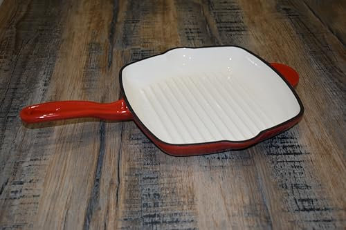 Atelier MH Poêle Grill en Fonte Émaillée, Carré, Rouge, Surface Rainurée